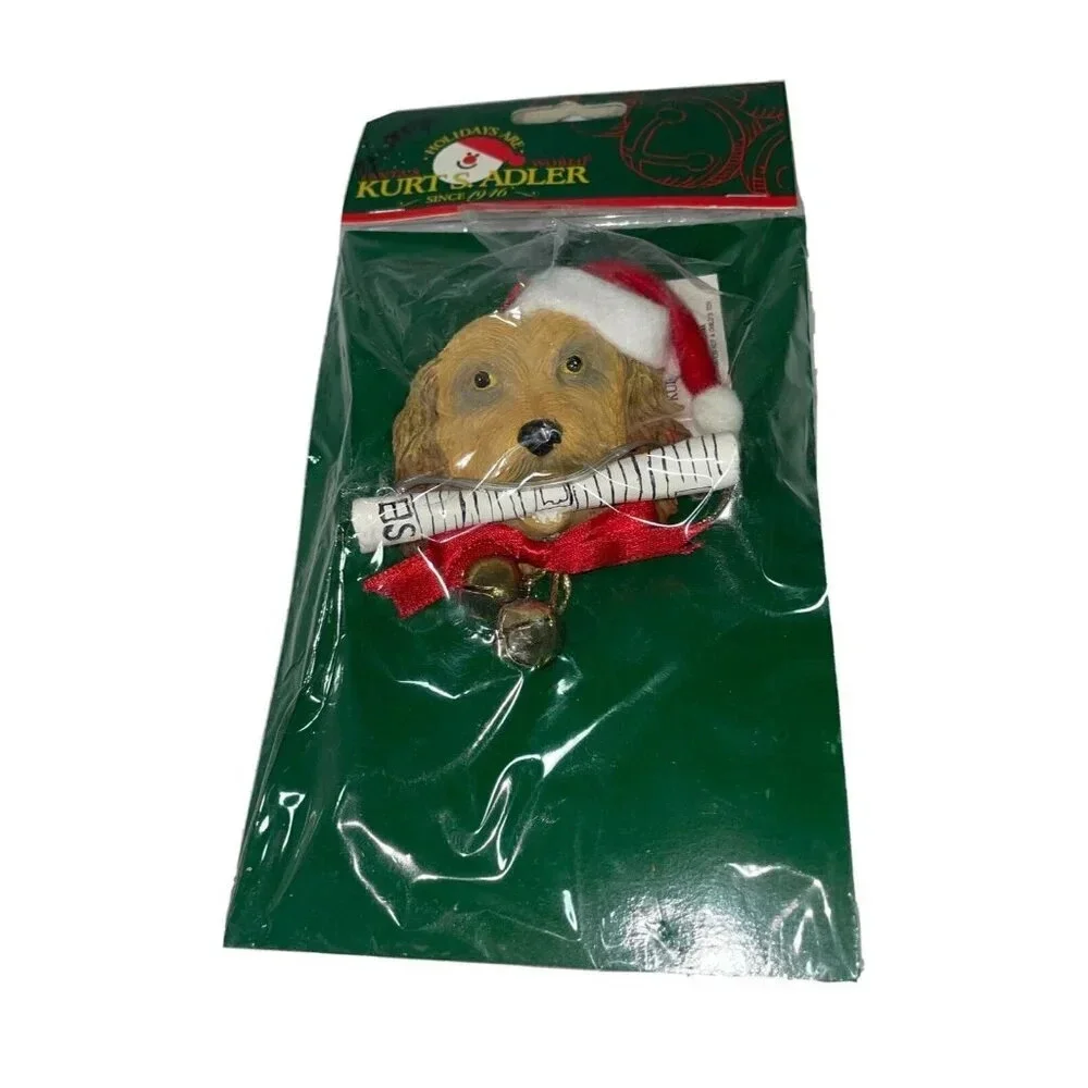 Kurt Adler Brown Dog Newspaper‎ Santa Hat Bells Christmas Holiday Ornament NEW